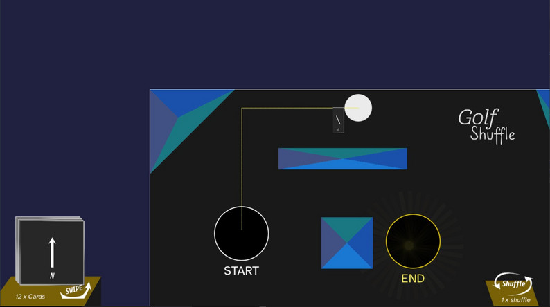 Golf Shuffle gameplay — the ball positioned near the hole with cards and shuffle count visible